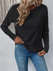 Eyelet Round Neck Long Sleeve Blouse - Flyclothing LLC