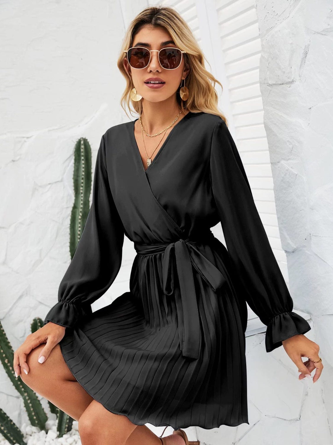 Surplice Flounce Sleeve Pleated Mini Dress - Flyclothing LLC