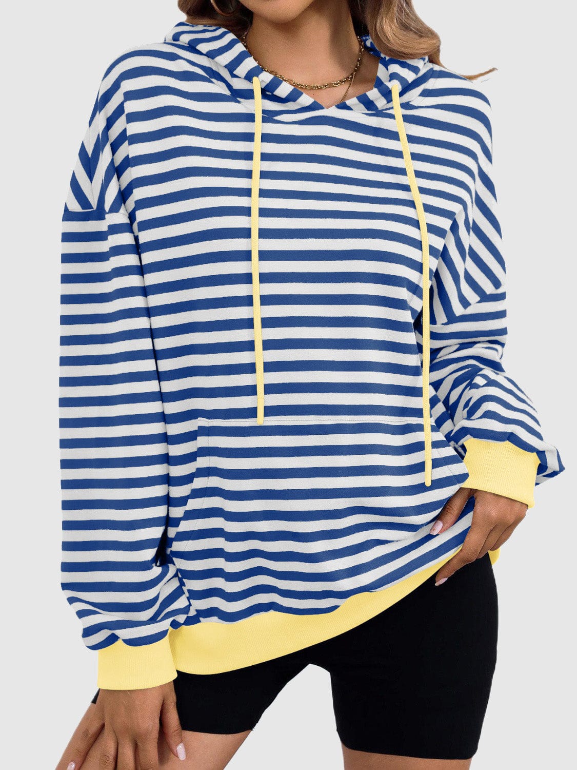 Drawstring Striped Long Sleeve Hoodie - Trendsi