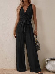 Tied Surplice Sleeveless Wide Leg Jumpsuit