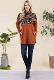 Celeste Full Size Curved Hem Leopard Turtleneck Long Sleeve Blouse