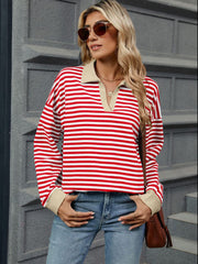 Striped Johnny Collar Long Sleeve Sweatshirt