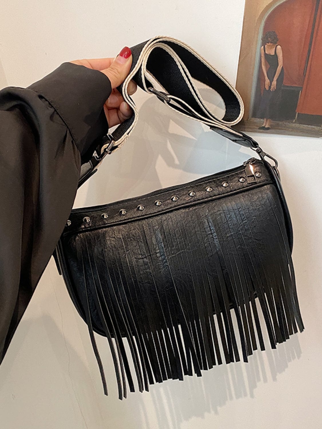 PU Leather Fringe Studded Crossbody Bag - Trendsi