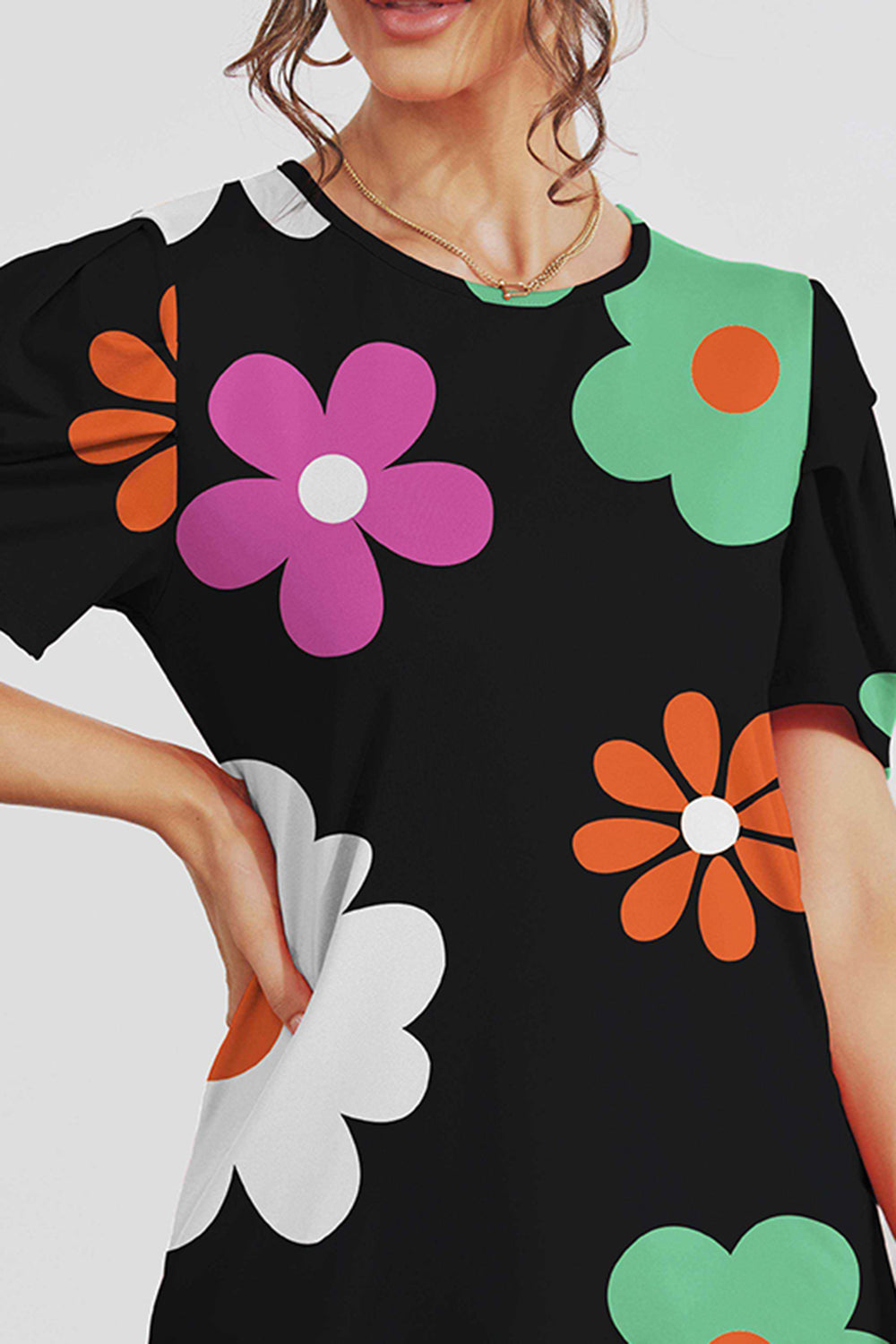 Flower Round Neck Short Sleeve Blouse Trendsi