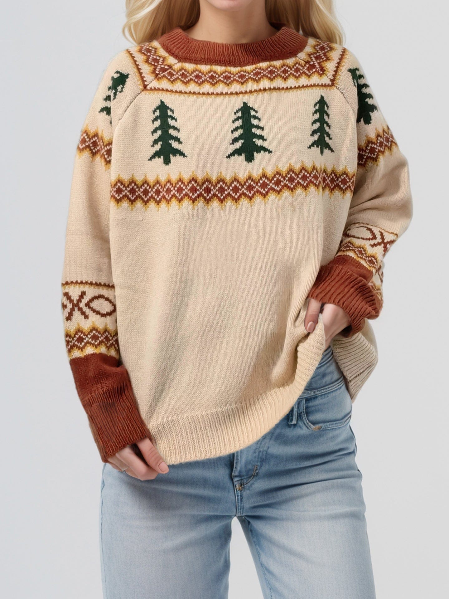 Graphic Round Neck Long Sleeve Sweater - Trendsi