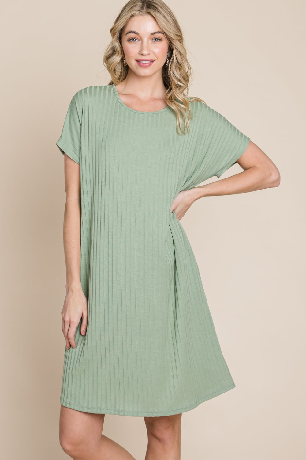 BOMBOM Ribbed Round Neck Short Sleeve Dress - Trendsi