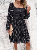 Smocked Polka Dot Long Sleeve Dress - Flyclothing LLC