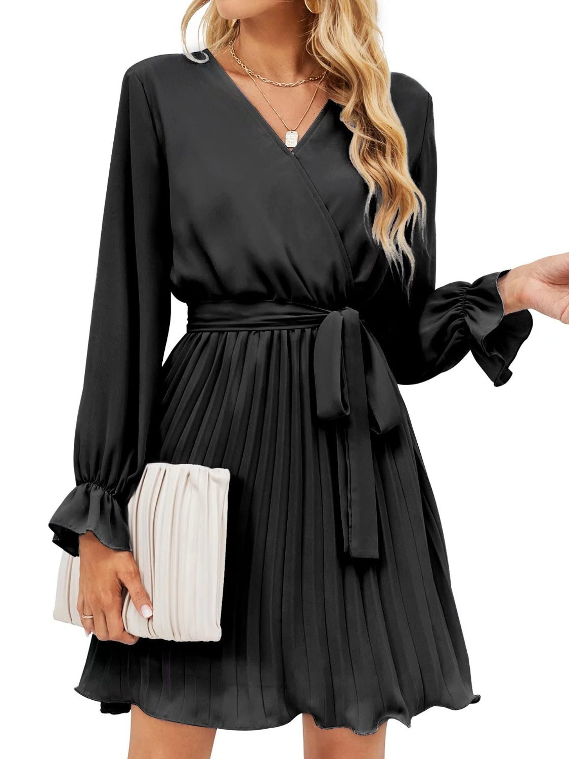 Surplice Flounce Sleeve Pleated Mini Dress - Flyclothing LLC