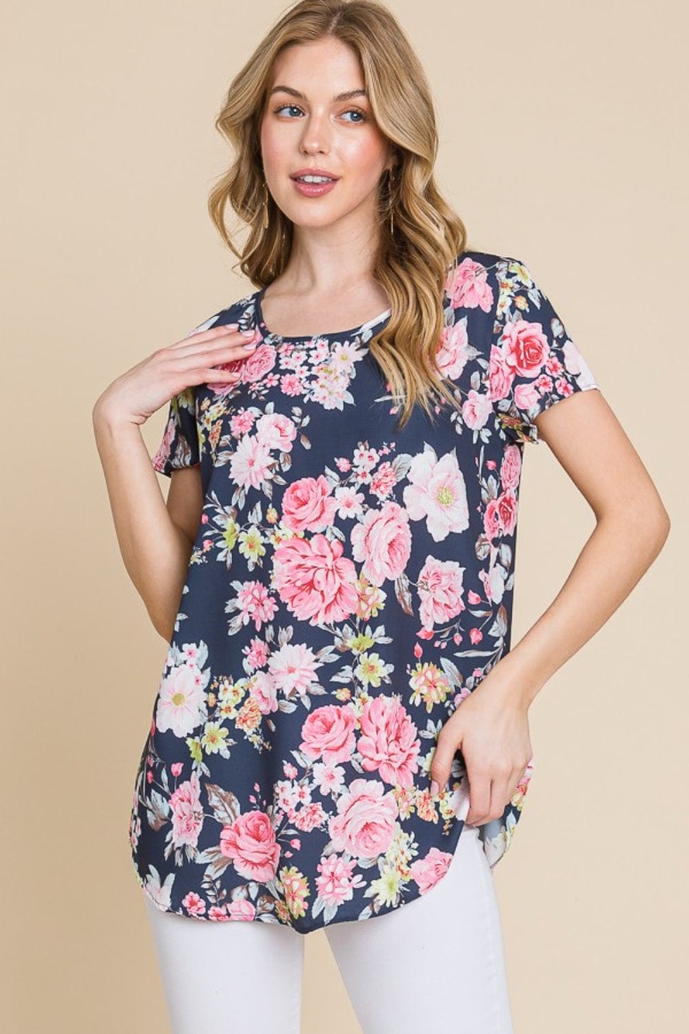 BOMBOM Floral Round Neck Short Sleeve T-Shirt - Trendsi