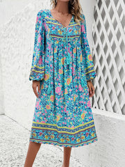 Tassel Tied Printed Long Sleeve Dress - Flyclothing LLC