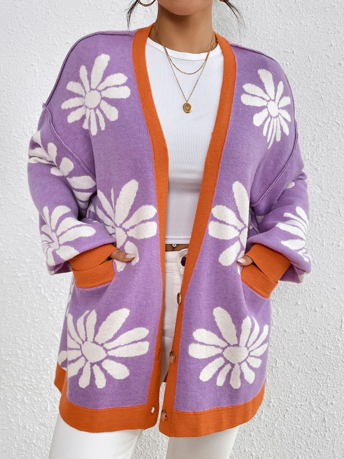 Contrast Dropped Shoulder Long Sleeve Cardigan - Trendsi