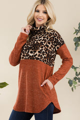 Celeste Full Size Curved Hem Leopard Turtleneck Long Sleeve Blouse - Trendsi