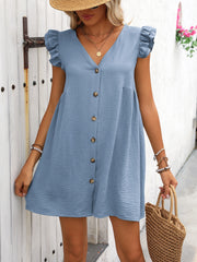 Button Up V-Neck Cap Sleeve Mini Dress Trendsi