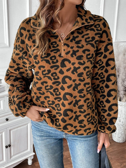 Leopard Half Zip Long Sleeve Sweatshirt - Trendsi