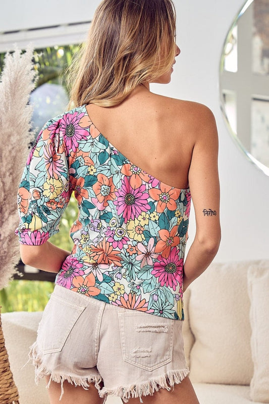 BiBi Floral Puff Sleeve One Shoulder Top - Trendsi