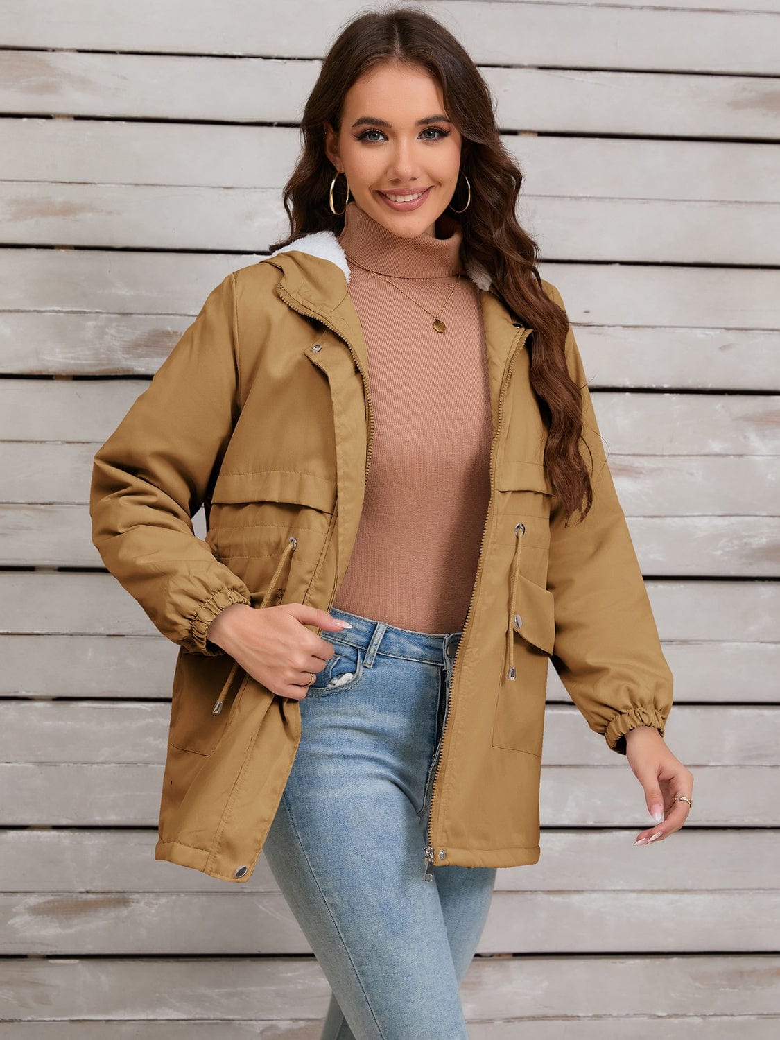 Drawstring Long Sleeve Hooded Jacket - Trendsi