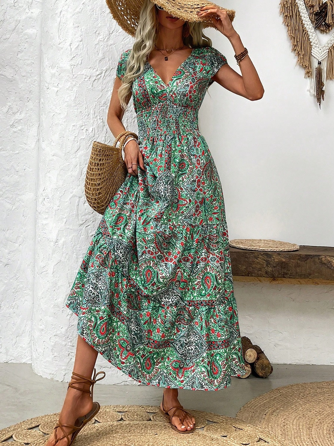 Smocked Printed Cap Sleeve Midi Dress Trendsi