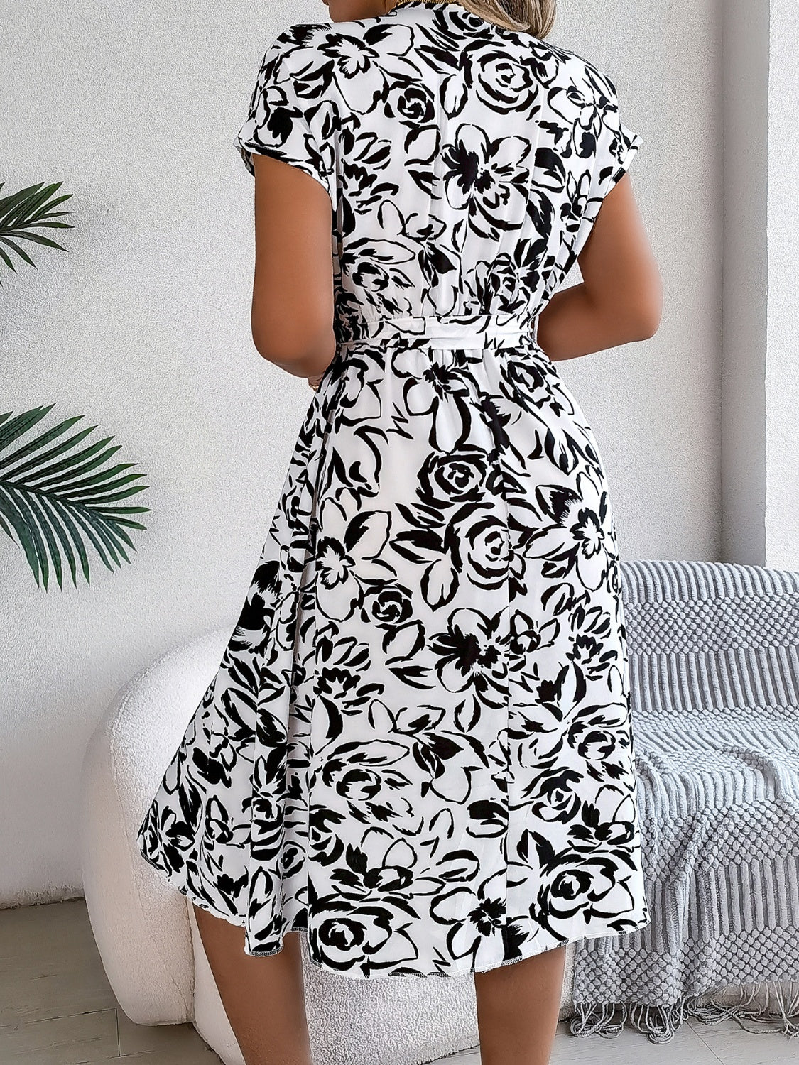 Printed V-Neck Short Sleeve Dress Trendsi