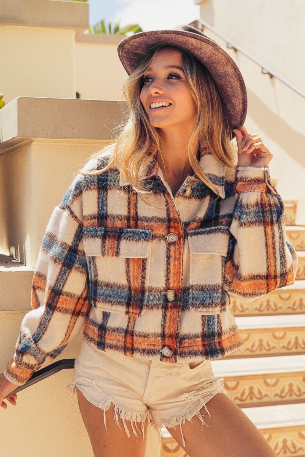 BiBi Brushed Plaid Crop Jacket with Pockets - Trendsi