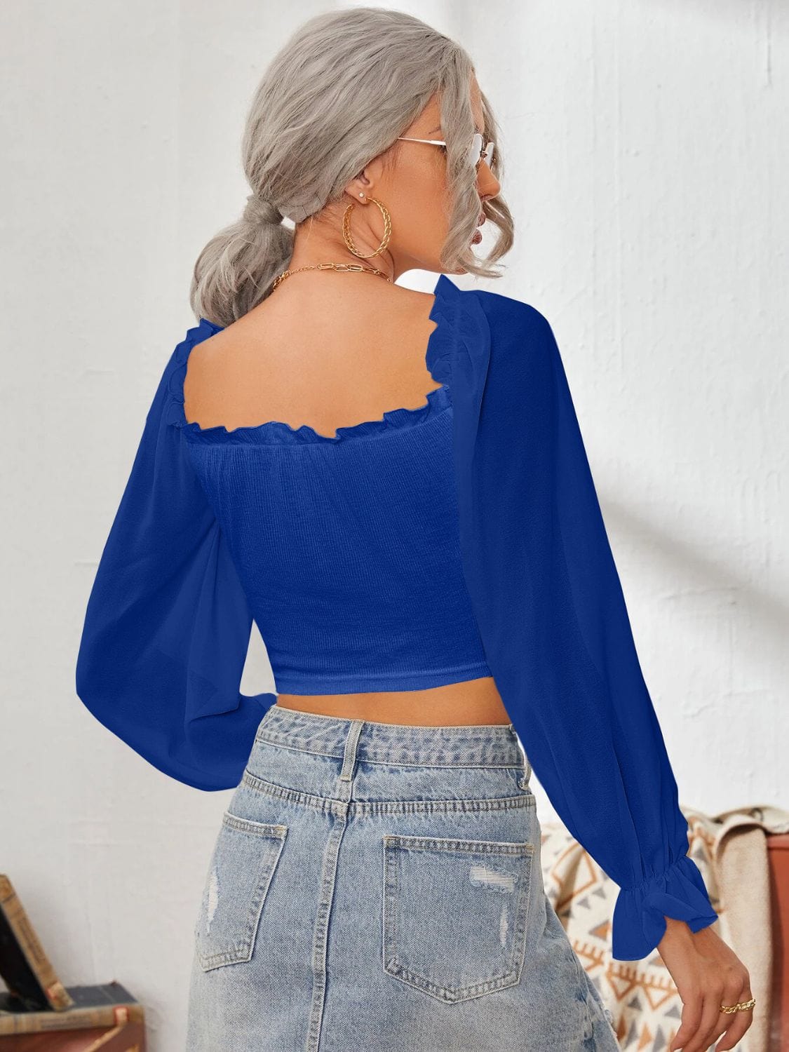 Mesh Sweetheart Neck Flounce Sleeve Top - Trendsi