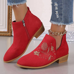 Embroidered Suede Point Toe Block Heel Boots - Trendsi