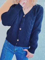 Cable-Knit V-Neck Button Down Long Sleeve Cardigan - Trendsi