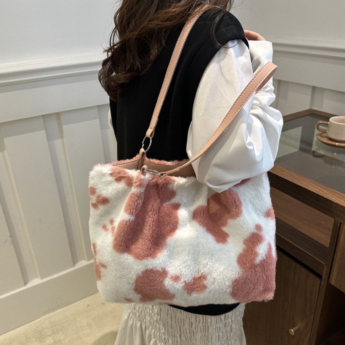 Cow Print Furry Tote Bag - Trendsi