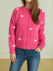 Heart Round Neck Zip Up Cardigan - Trendsi