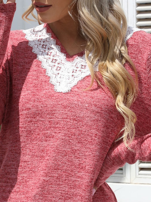 Lace Detail V-Neck Long Sleeve T-Shirt - Trendsi