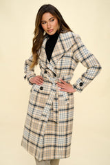 Coalition LA Double-Breasted Plaid Coat with Belt - Trendsi