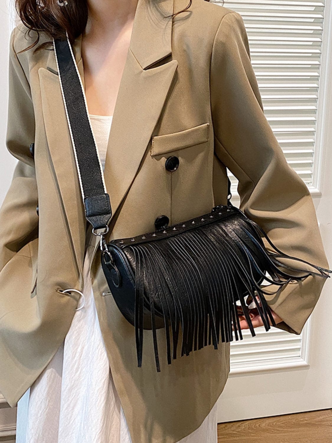 PU Leather Fringe Studded Crossbody Bag - Trendsi