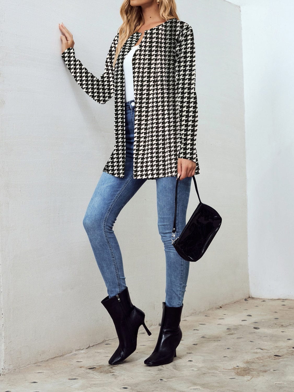 Houndstooth Open Front Long Sleeve Jacket - Trendsi