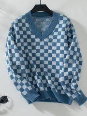 Checkered V-Neck Dropped Shoulder Sweater - Trendsi