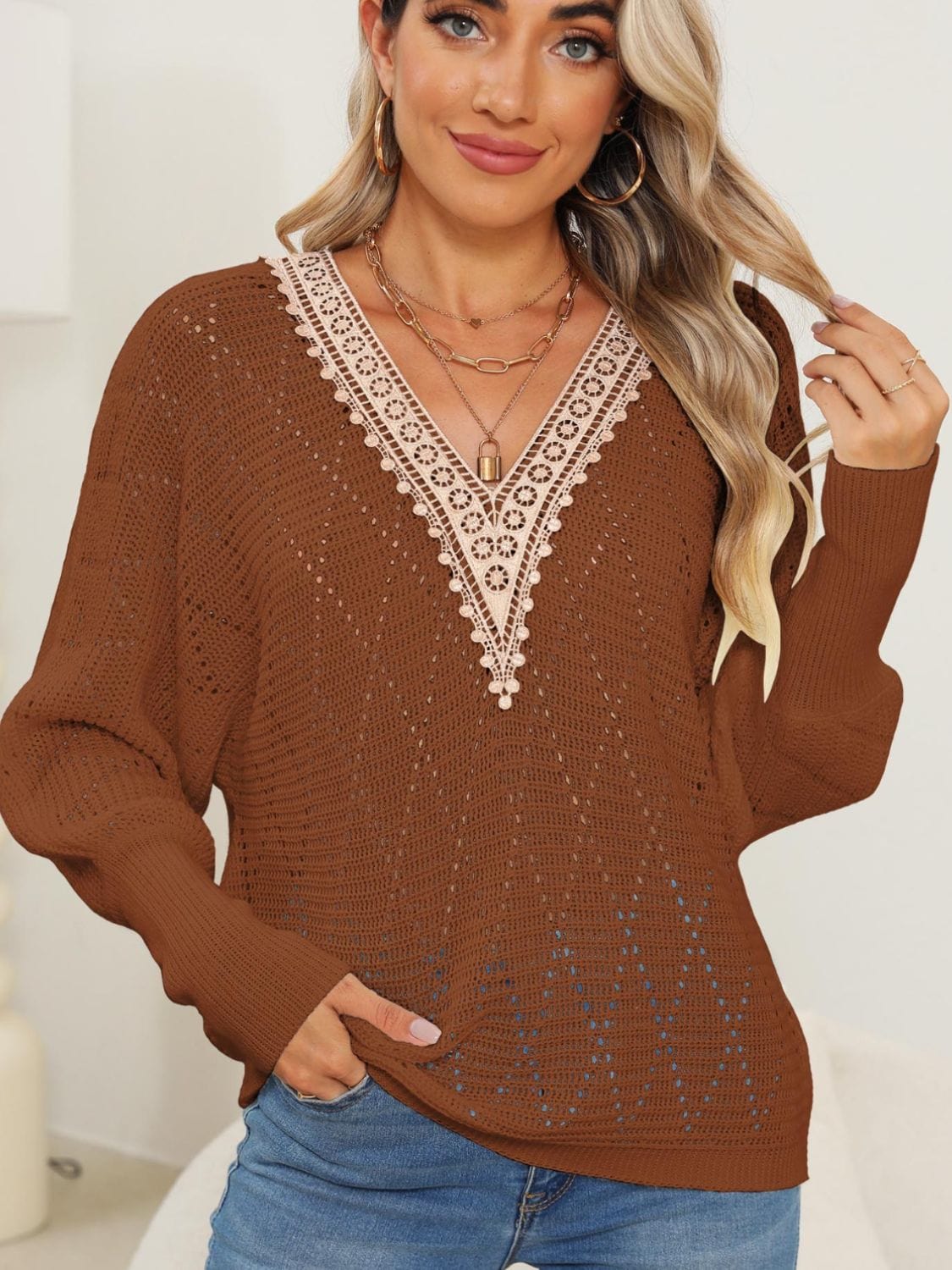 Lace Detail V-Neck Long Sleeve Sweater - Trendsi