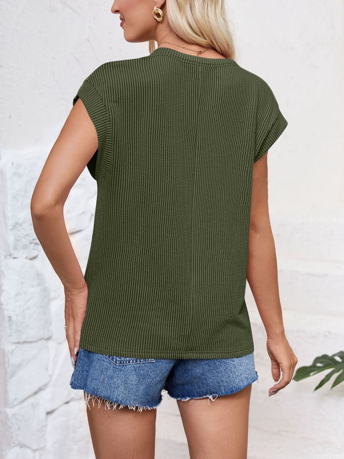 Textured Round Neck Cap Sleeve Blouse Trendsi