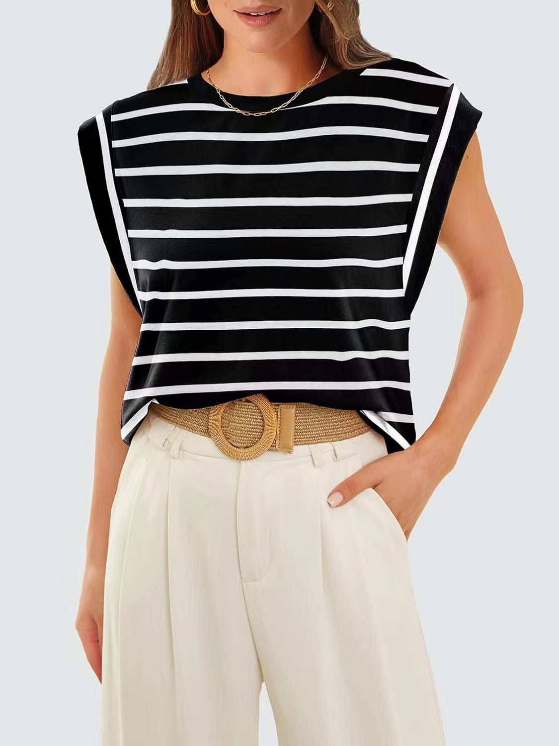 Striped Round Neck Cap Sleeve T-Shirt - Flyclothing LLC