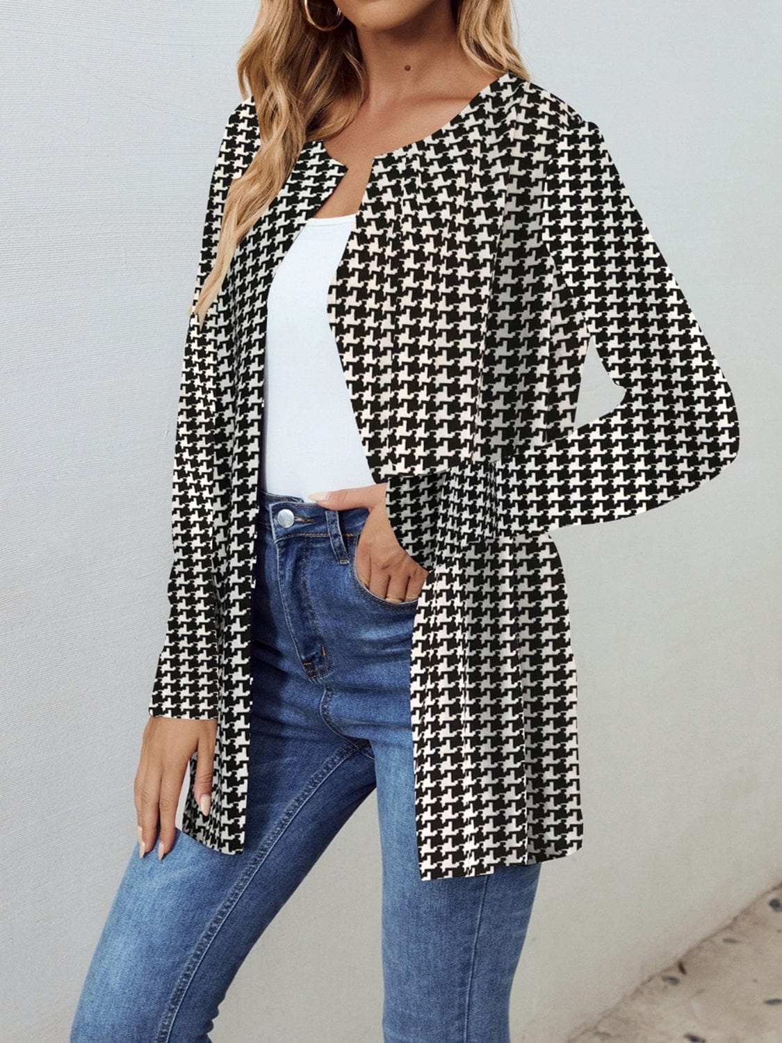 Houndstooth Open Front Long Sleeve Jacket - Trendsi