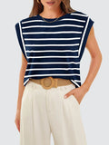 Striped Round Neck Cap Sleeve T-Shirt - Flyclothing LLC