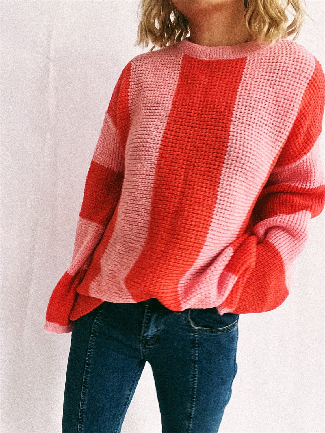 Color Block Round Neck Long Sleeve Sweater - Trendsi