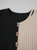 Decorative Button Contrast Round Neck Long Sleeve T-Shirt - Trendsi