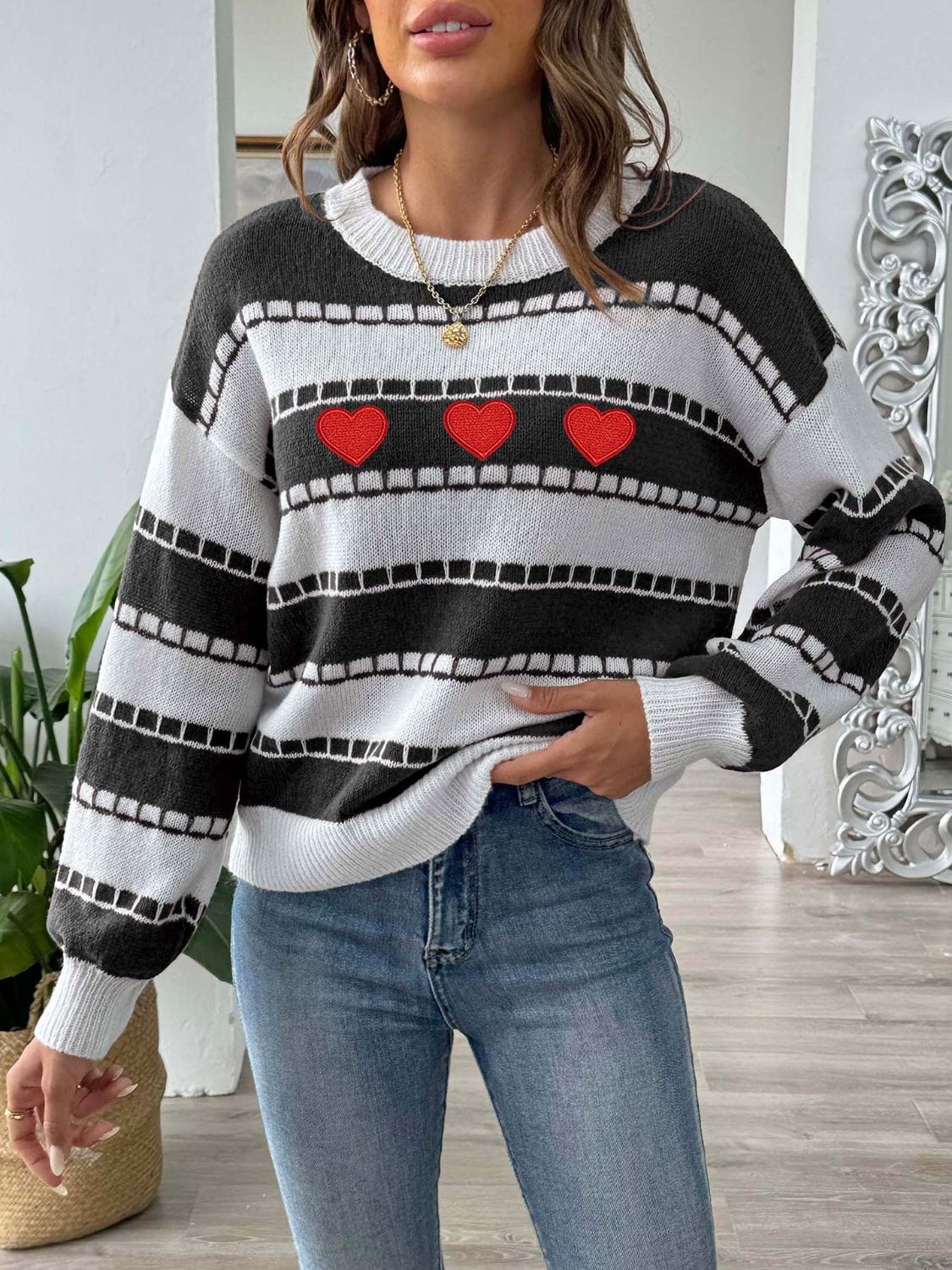 Heart Round Neck Long Sleeve Sweater - Trendsi