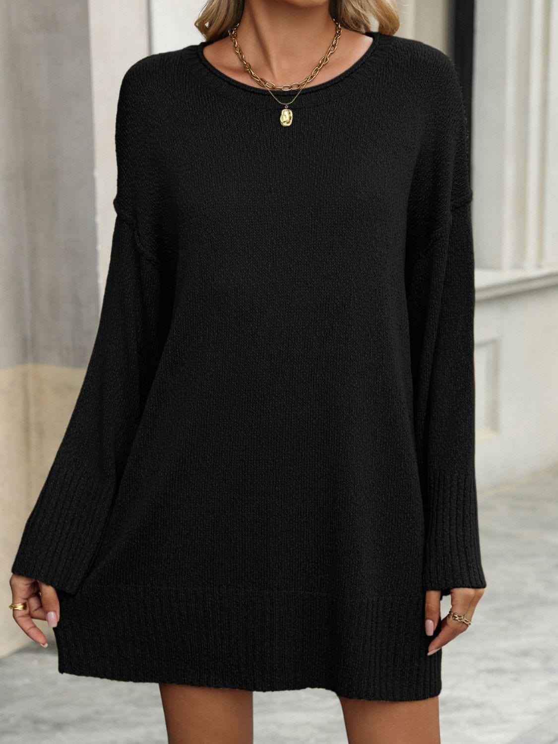 Round Neck Dropped Shoulder Sweater - Trendsi