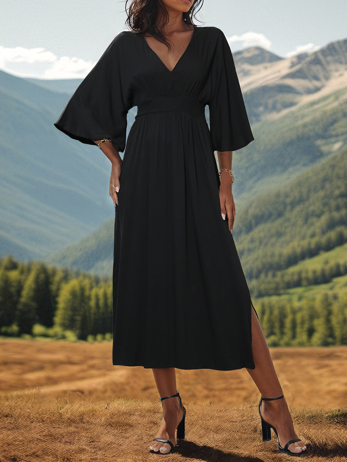 Slit V-Neck Long Sleeve Midi Dress - Flyclothing LLC