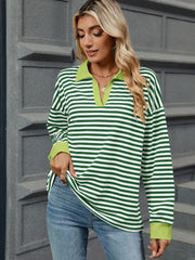 Striped Johnny Collar Long Sleeve Sweatshirt