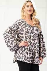 Celeste Full Size Leopard V-Neck Balloon Sleeve Blouse - Trendsi