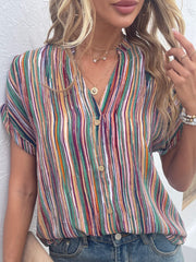 Striped Notched Short Sleeve Blouse Trendsi