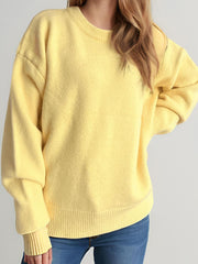 Round Neck Dropped Shoulder Long Sleeve Sweater - Trendsi