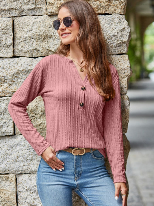 Mandy Notched Long Sleeve T-Shirt - Trendsi