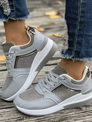 Lace-Up Rhinestone Wedge Sneakers - Trendsi