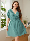 Plus Size Swiss Dot Ruffled Surplice Flutter Sleeve Mini Dress - Flyclothing LLC